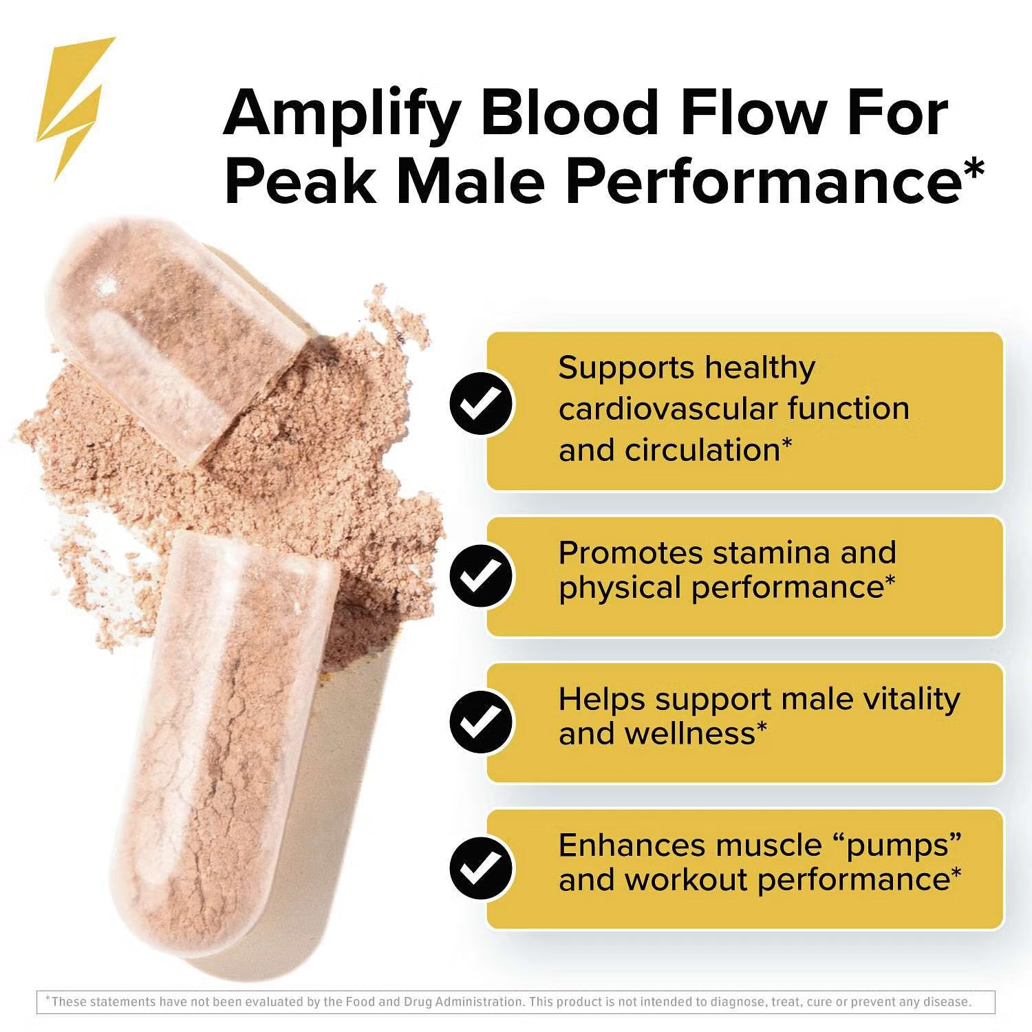 Promotional graphic for a supplement powder in capsules. The image features two clear capsules filled with light brown powder, one of which is cracked open to show the fine texture.