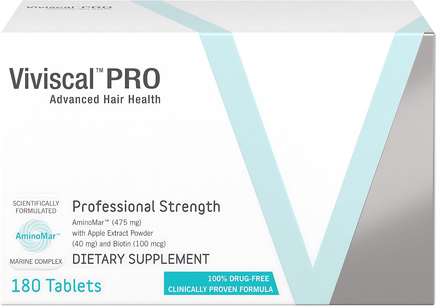 Viviscal PRO Professional Strength dietary supplement box containing 180 tablets, featuring a white and light blue geometric design.