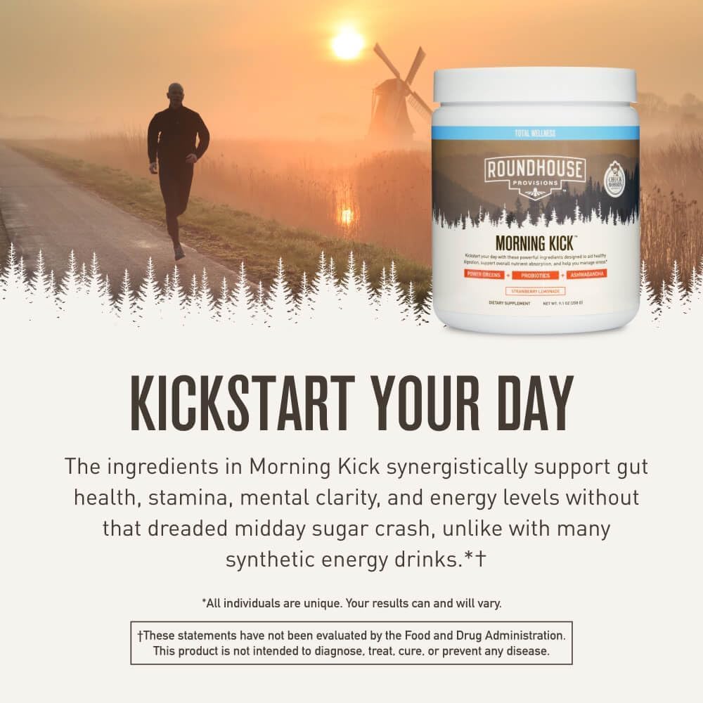 Roundhouse Provisions Morning Kick Greens – Superfood Powder with Probiotics, Prebiotics, Ashwagandha & Collagen, 30 Servings