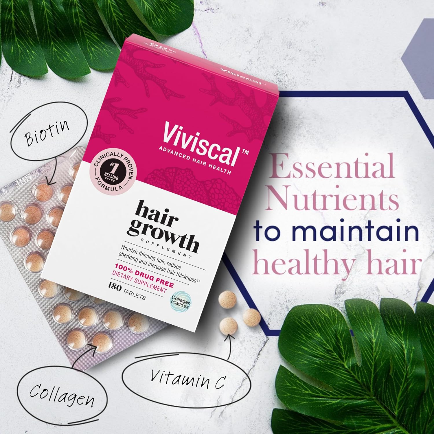 Viviscal Hair Growth Supplement for Women – Biotin, Marine Collagen & Hair Vitamins, 180 Tablets
