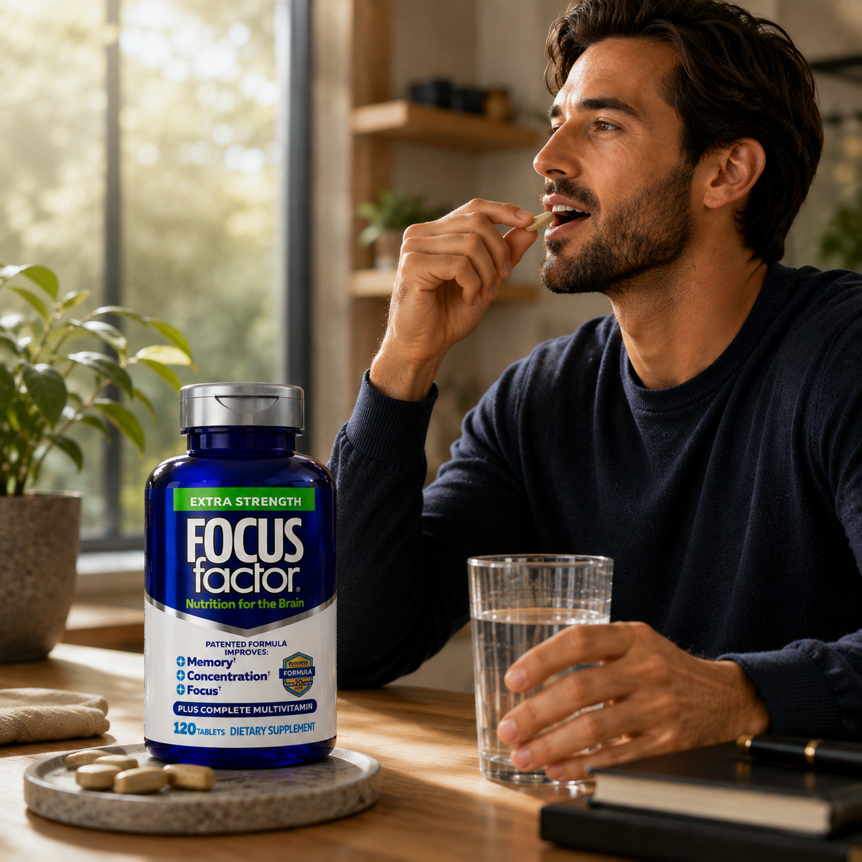 Focus Factor Extra Strength dietary supplement bottle with man taking a tablet and glass of water